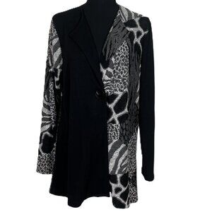 BLACKM, GREY AND WHITE ANIMAL PATTERN BLOCK KNIT JACKET WITH MIXED TEXTURE